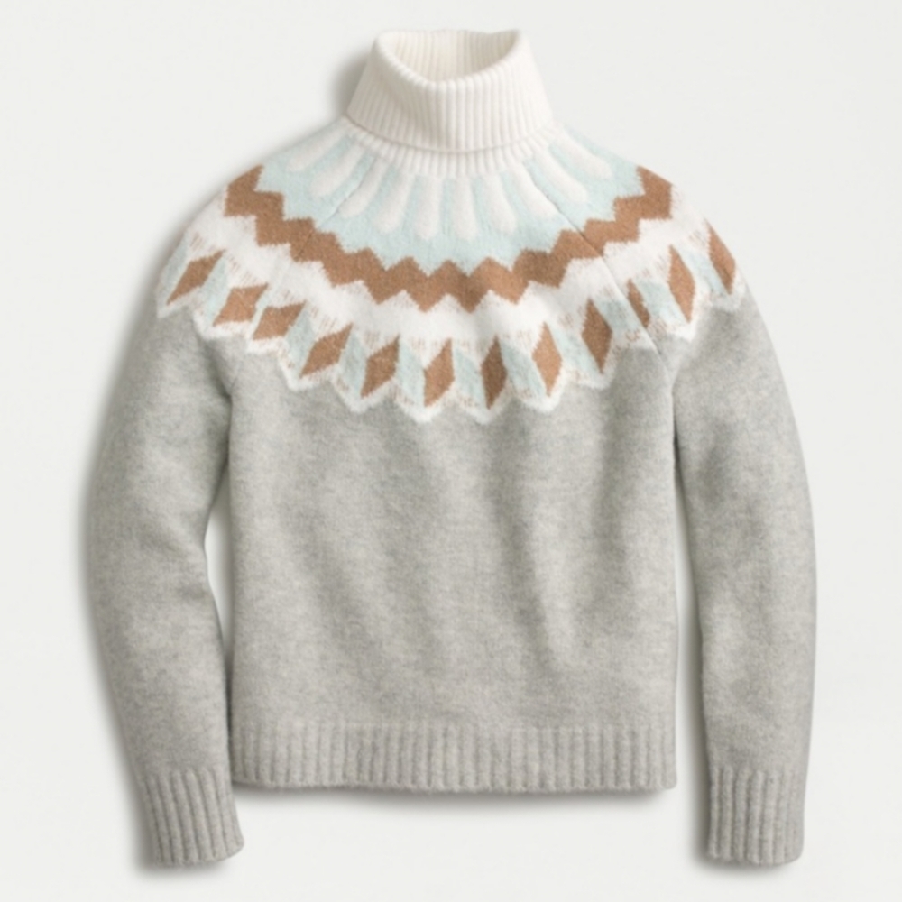 J. Crew Gray, Cream & Light Blue Fair Isle Turtleneck Sweater